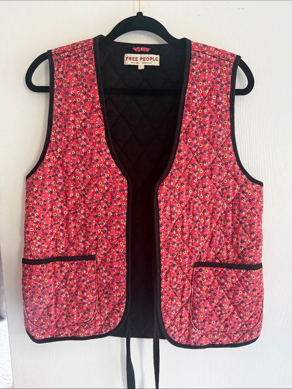 Free People Red Quilted Floral Tie-Front Vest with Black Trim